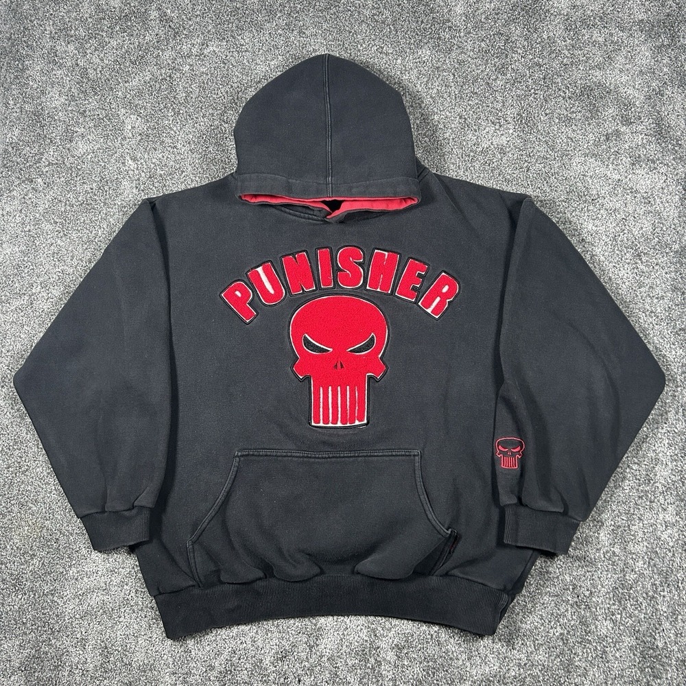 Vintage MARVEL PUNISHER 2001 Hoodie Men's XL Black Embroidered Pullover